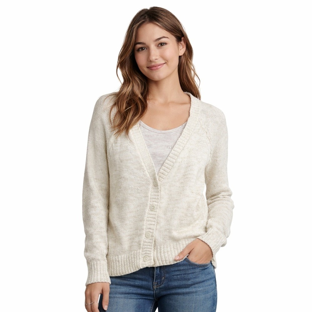 Mudd Cream Knit Cardigan Sweater V Neck Button Front Open Weave Women's Medium‎